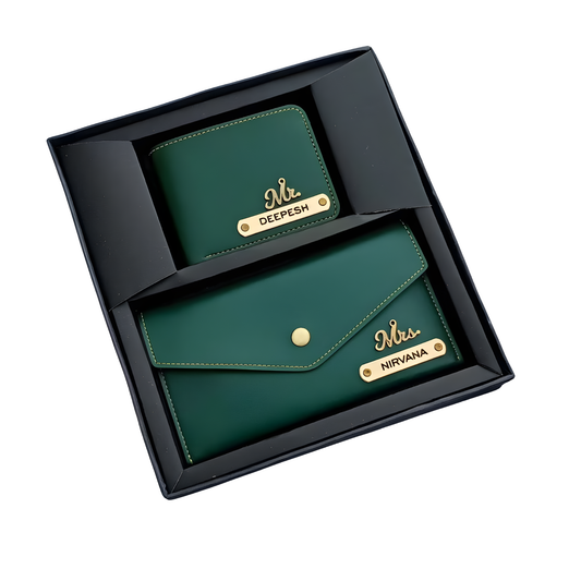 Personalized Couple Wallet & Clutch Set with Custom Name & Charms, Matching Gift Set for Him & Her