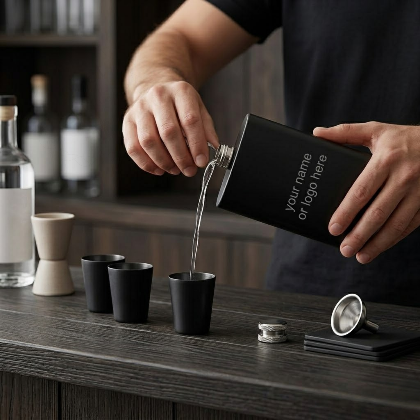 Personalised Engraved Hip Flask Gift Set, Stainless Steel, Matte Black, 240 ml, with 4 Shot Glasses and Funnel