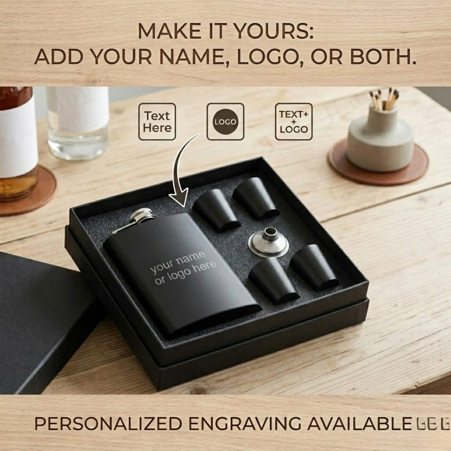 Personalised Engraved Hip Flask Gift Set, Stainless Steel, Matte Black, 240 ml, with 4 Shot Glasses and Funnel