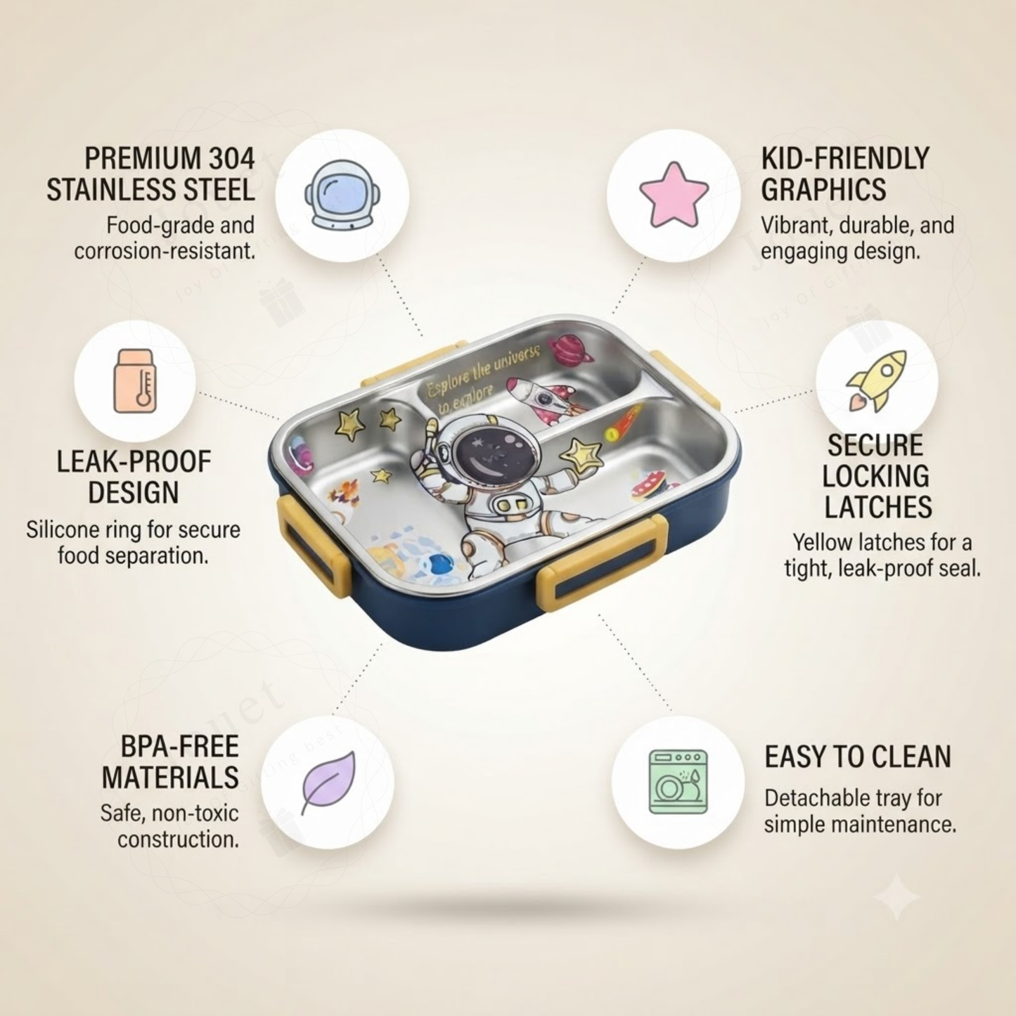 700ml 3 Compartment Stainless Steel Bento Tiffin Box for School & Office