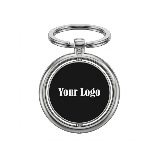 Personalised Rotating Round Keychain, Stainless Steel, Black Gunmetal Finish, 360° Spin, Customisable Both Sides