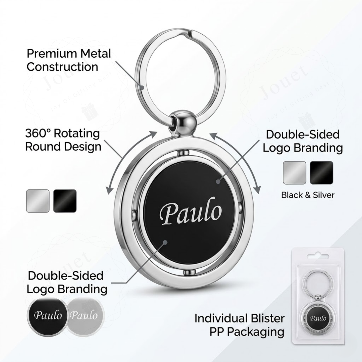 Personalised Rotating Round Keychain, Stainless Steel, Black Gunmetal Finish, 360° Spin, Customisable Both Sides
