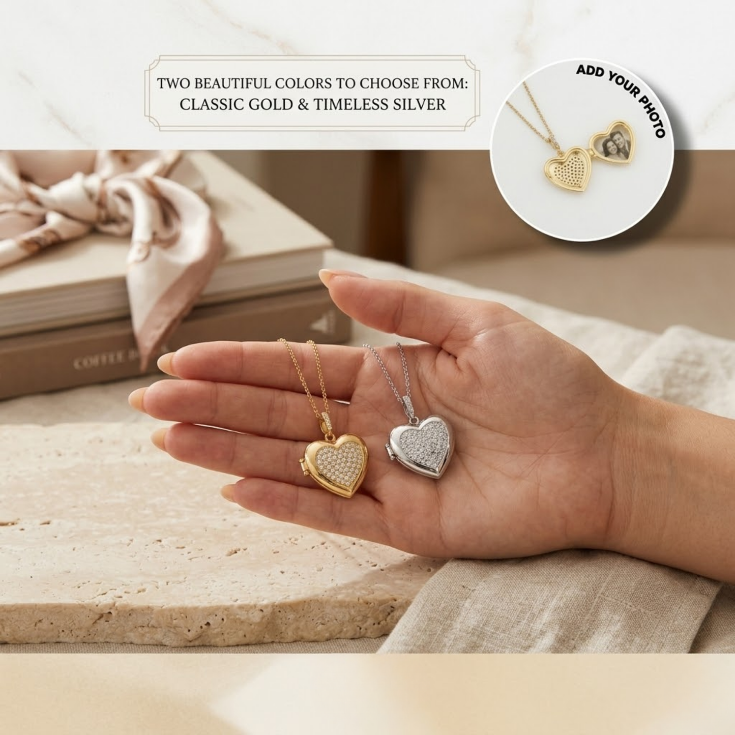 Personalized Heart Photo Locket Necklace for Women with Crystal Heart Design, Stainless Steel Waterproof Custom Picture Pendant Gift for Her