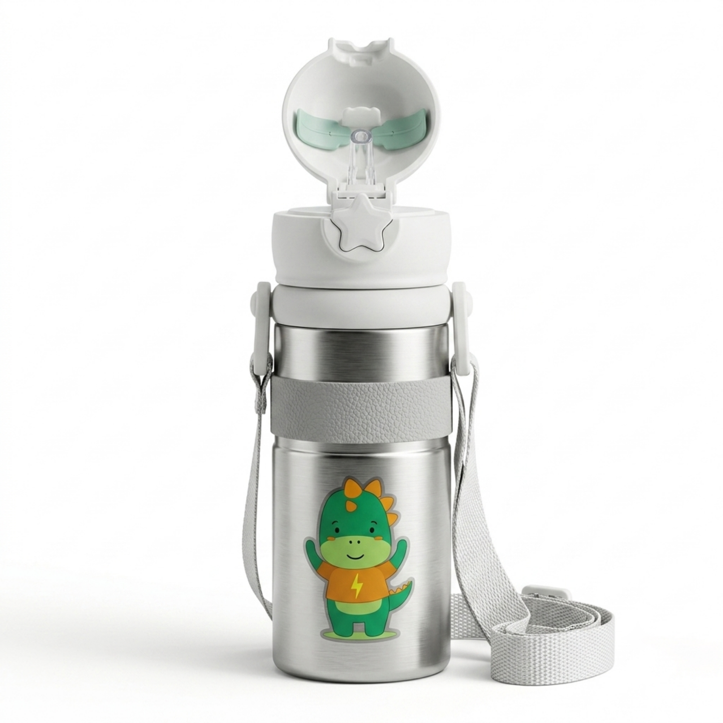 Kids Dinosaur Water Bottle 600ml – Stainless Steel Straw Sipper with Carry Strap