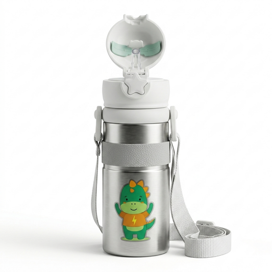 Kids Dinosaur Water Bottle 600ml – Stainless Steel Straw Sipper with Carry Strap