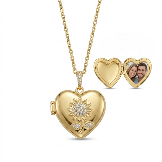 Personalized Heart Photo Locket Necklace for Women with Crystal Sunflower Design, Stainless Steel Waterproof Jewelry Gift for Her