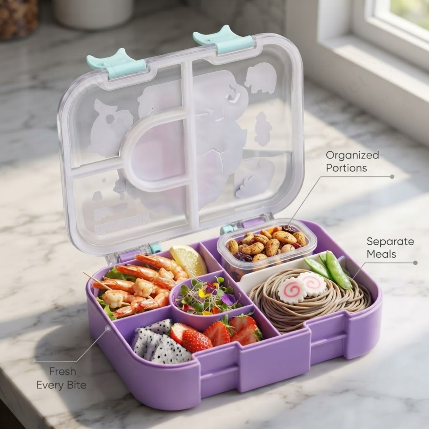 1400ml Bento Lunch Box | 4 Grid Leakproof Food Container with Bowl & Spoon