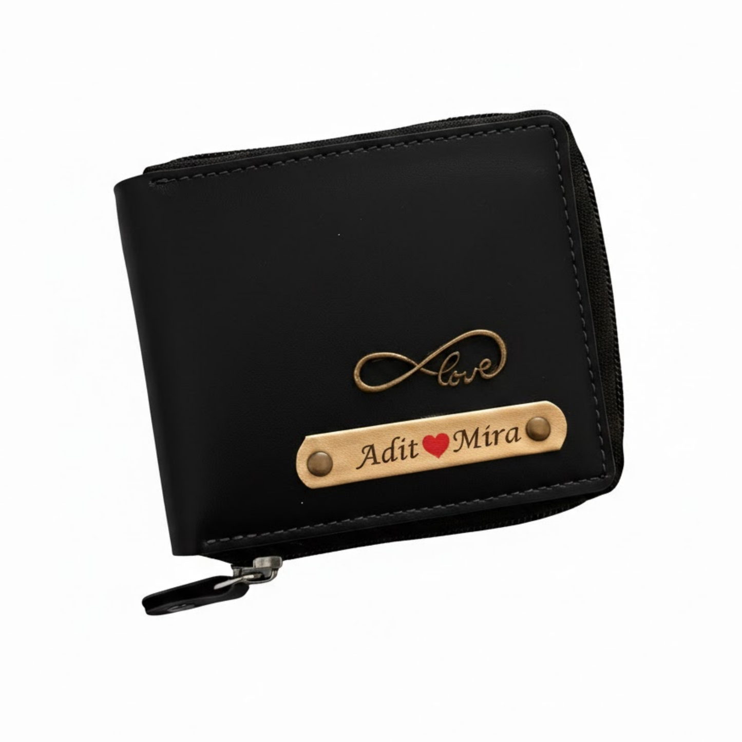 Personalized Men's Zipper Wallet with Custom Name Strip & Charm, Vegan Leather Card Holder