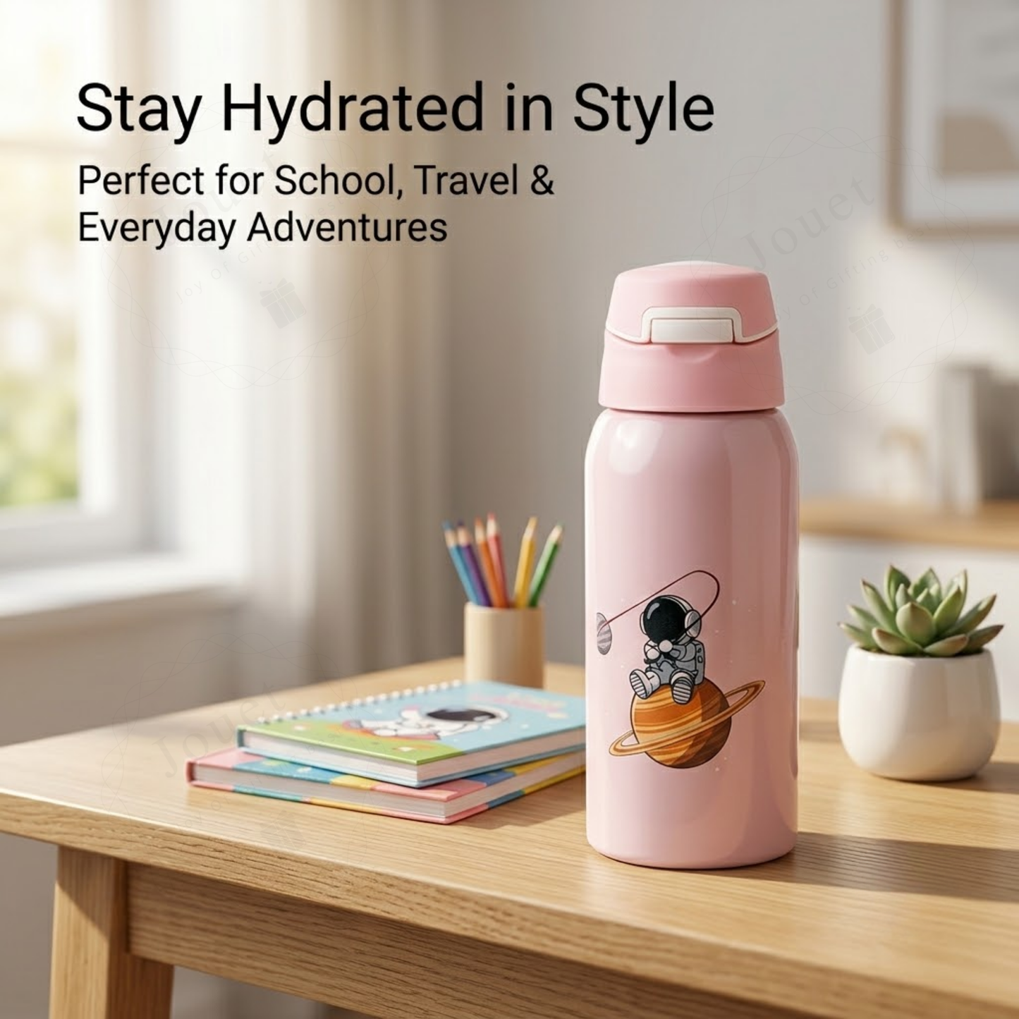 350ml Stainless Steel Kids Sipper Bottle with Flip Top Lid for School & Travel - Space design