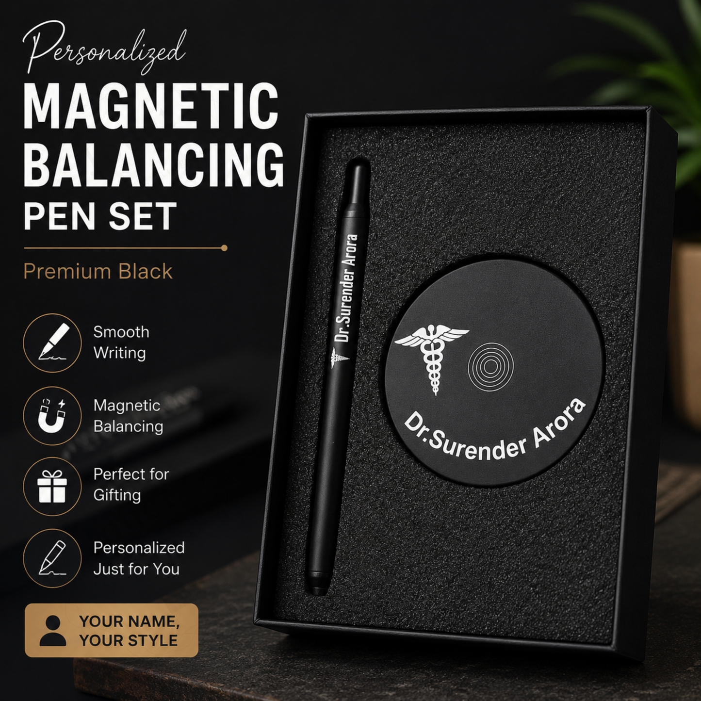Personalised Magnetic Balancing Pen Set, Metal, Name Engraved, Premium Black, with Disk, Gift Box Included