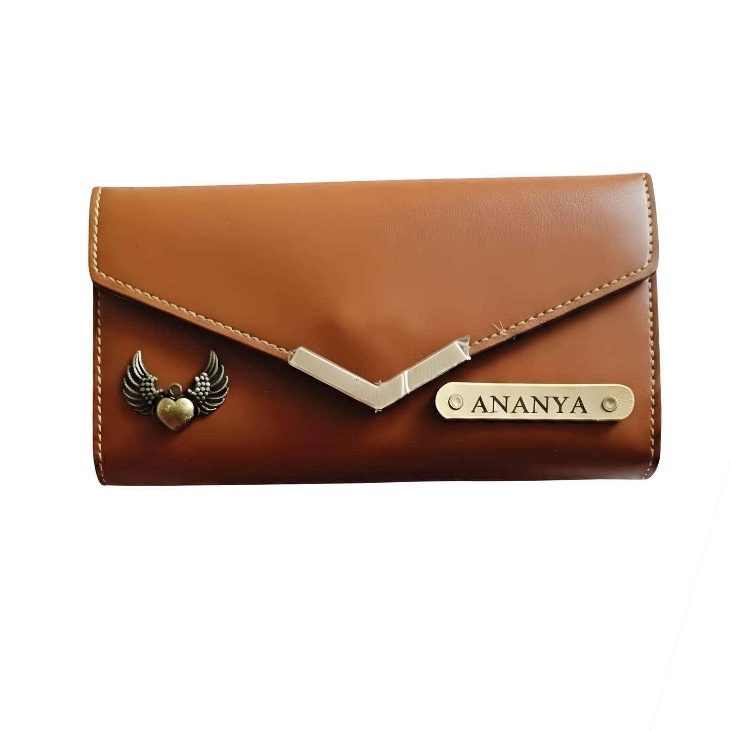 Personalized Leather Envelope Wallet for Women with Custom Name Plate & Metal Charm, Handcrafted Double-Stitched Clutch