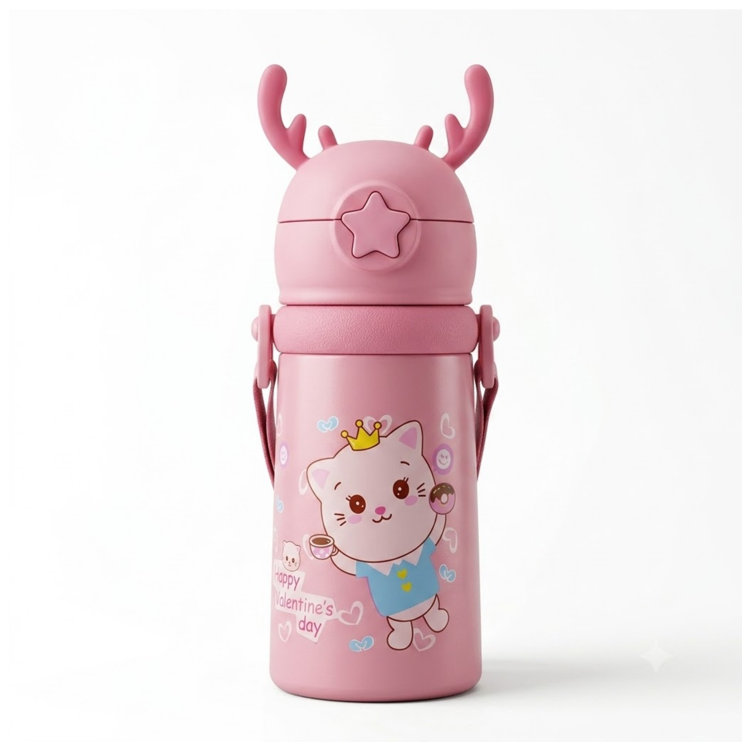 Kids Sipper Water Bottle 600ml – Leakproof Straw Bottle with Cartoon Print & Carry Strap