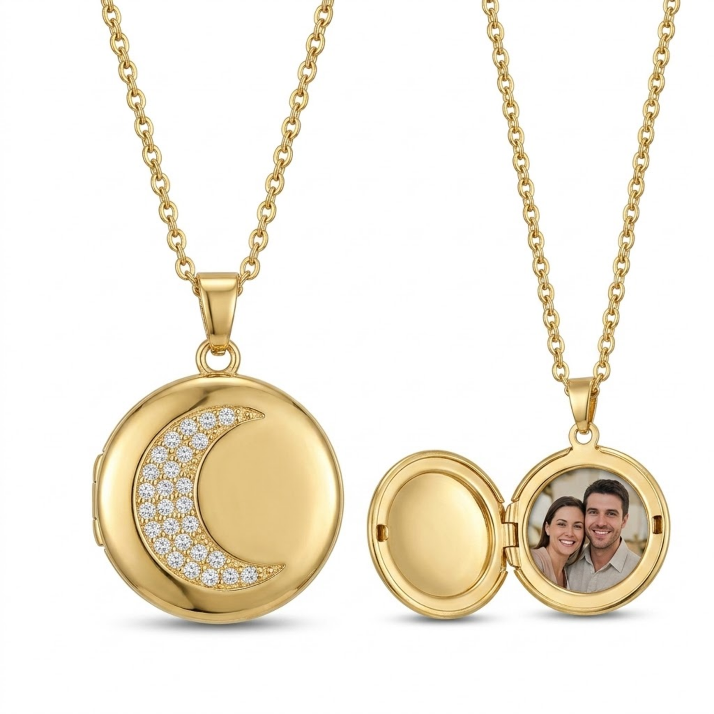 Personalized Photo Locket Necklace for Women with Crystal Moon Design, Stainless Steel Waterproof Custom Picture Pendant Gift for Her