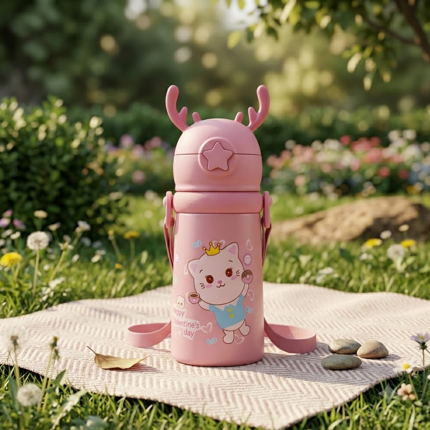 Kids Sipper Water Bottle 600ml – Leakproof Straw Bottle with Cartoon Print & Carry Strap
