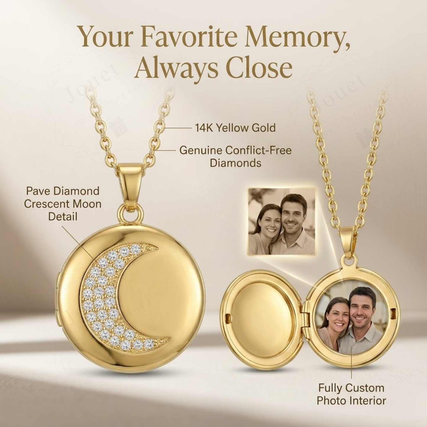 Personalized Photo Locket Necklace for Women with Crystal Moon Design, Stainless Steel Waterproof Custom Picture Pendant Gift for Her