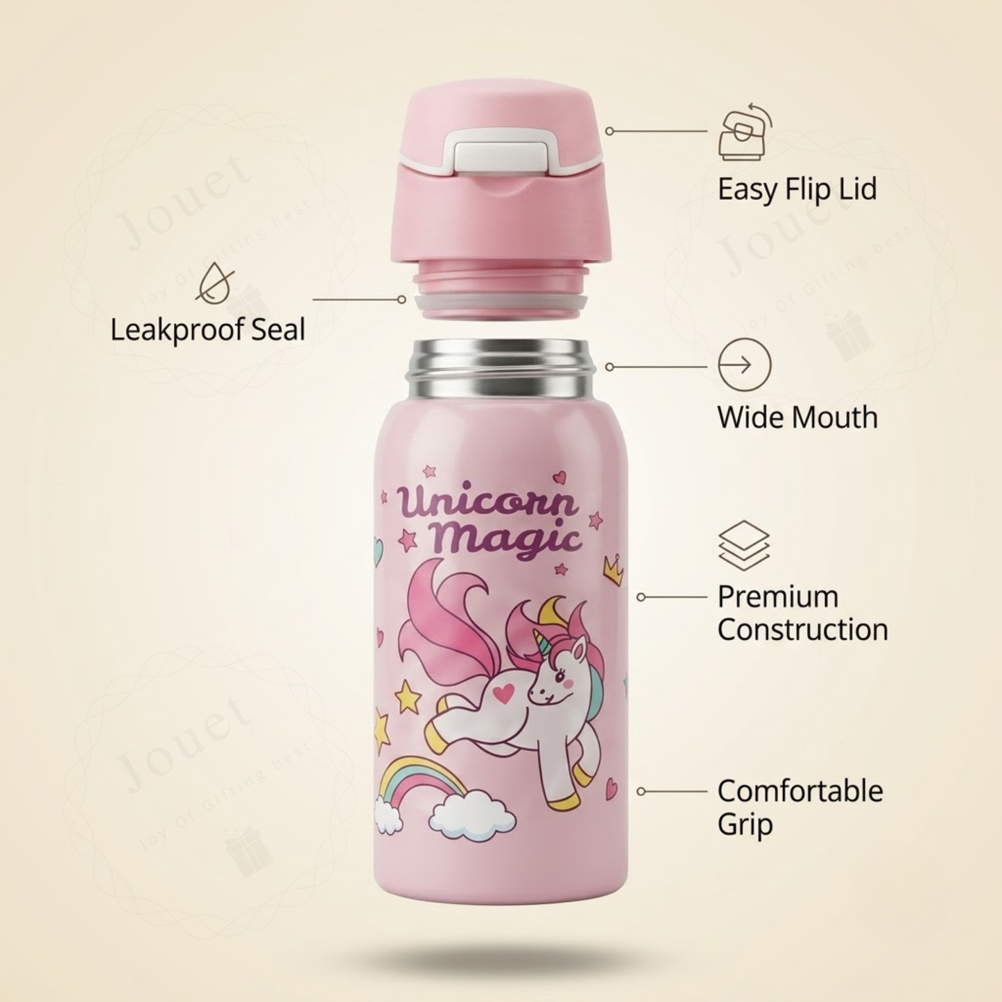 350ml Stainless Steel Kids Water Bottle with Flip Top Lid & Leakproof Design