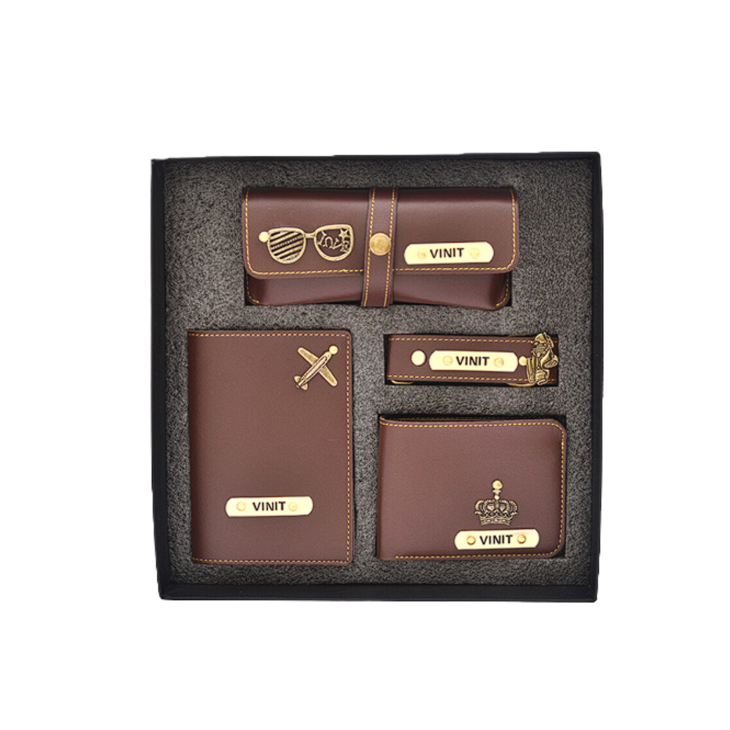 Personalized Leather Travel Gift Set for Men with Wallet, Passport Cover, Keychain & Glasses Case, Custom Name Engraving