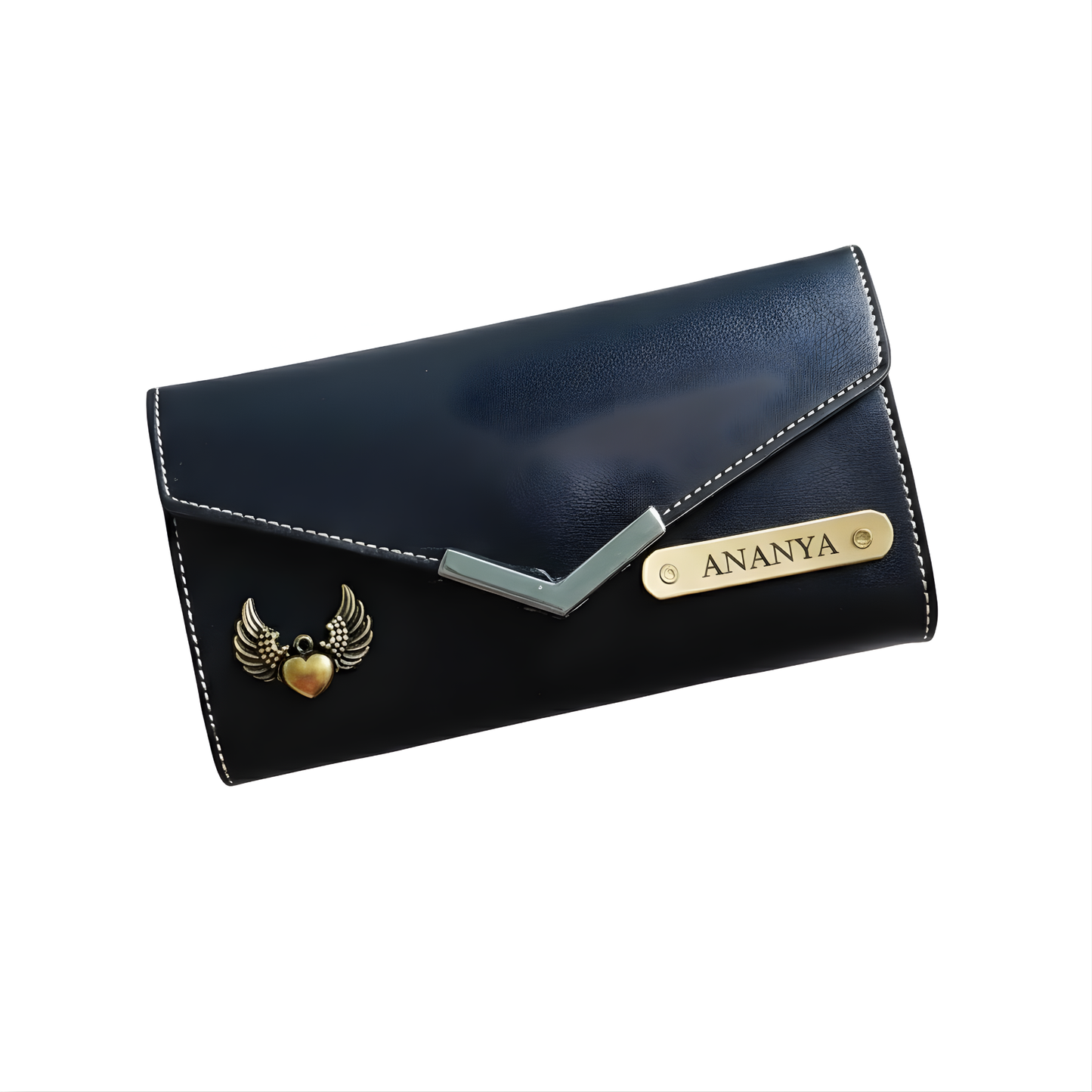 Personalized Leather Envelope Wallet for Women with Custom Name Plate & Metal Charm, Handcrafted Double-Stitched Clutch
