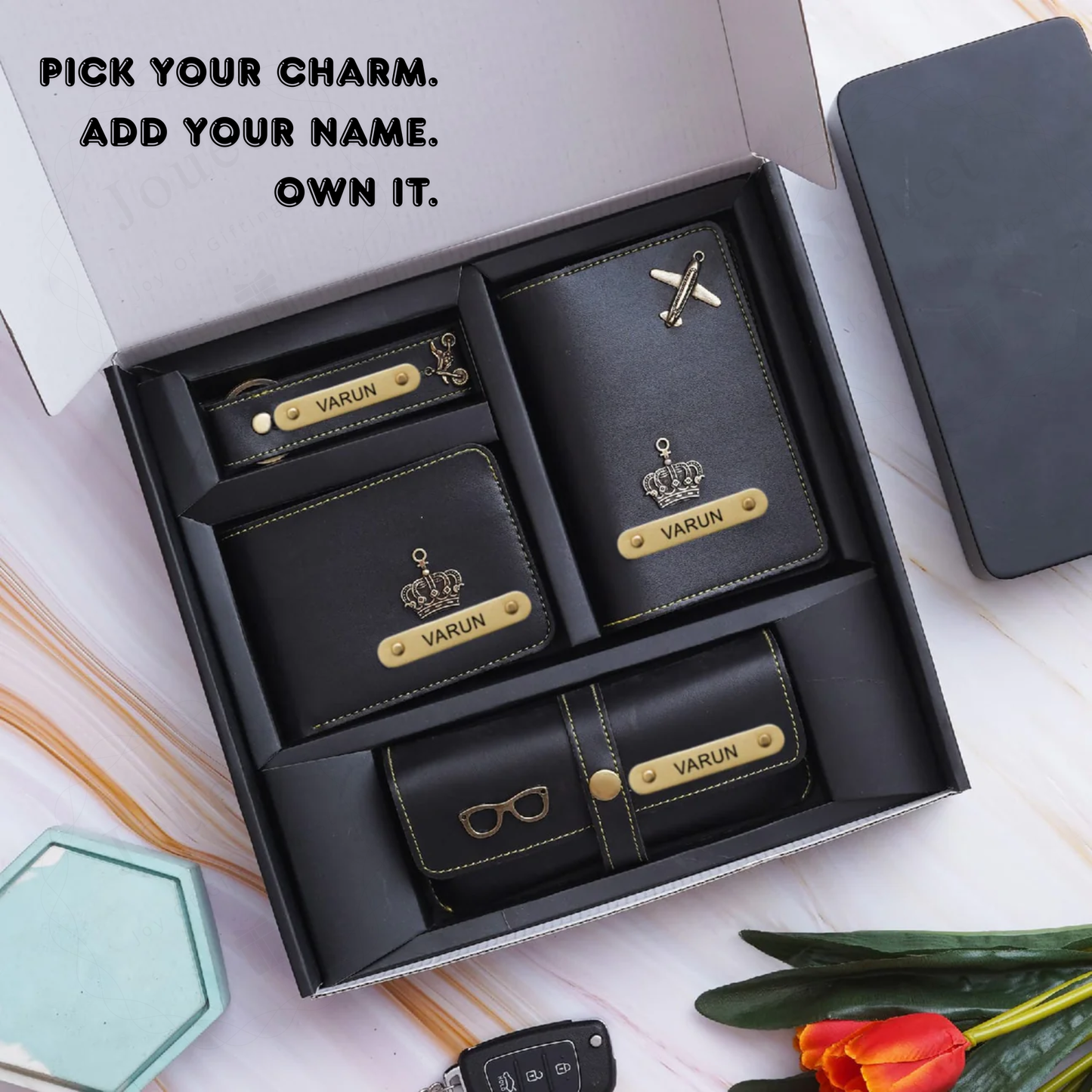 Personalized Leather Travel Gift Set for Men with Wallet, Passport Cover, Keychain & Glasses Case, Custom Name Engraving