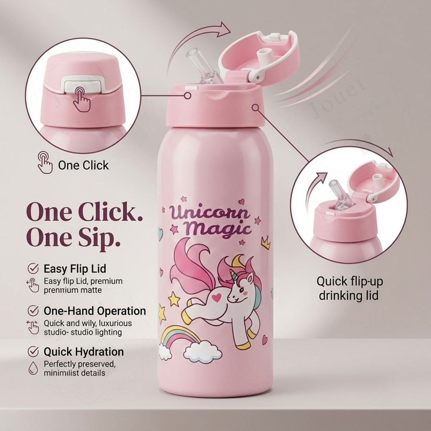 350ml Stainless Steel Kids Water Bottle with Flip Top Lid & Leakproof Design