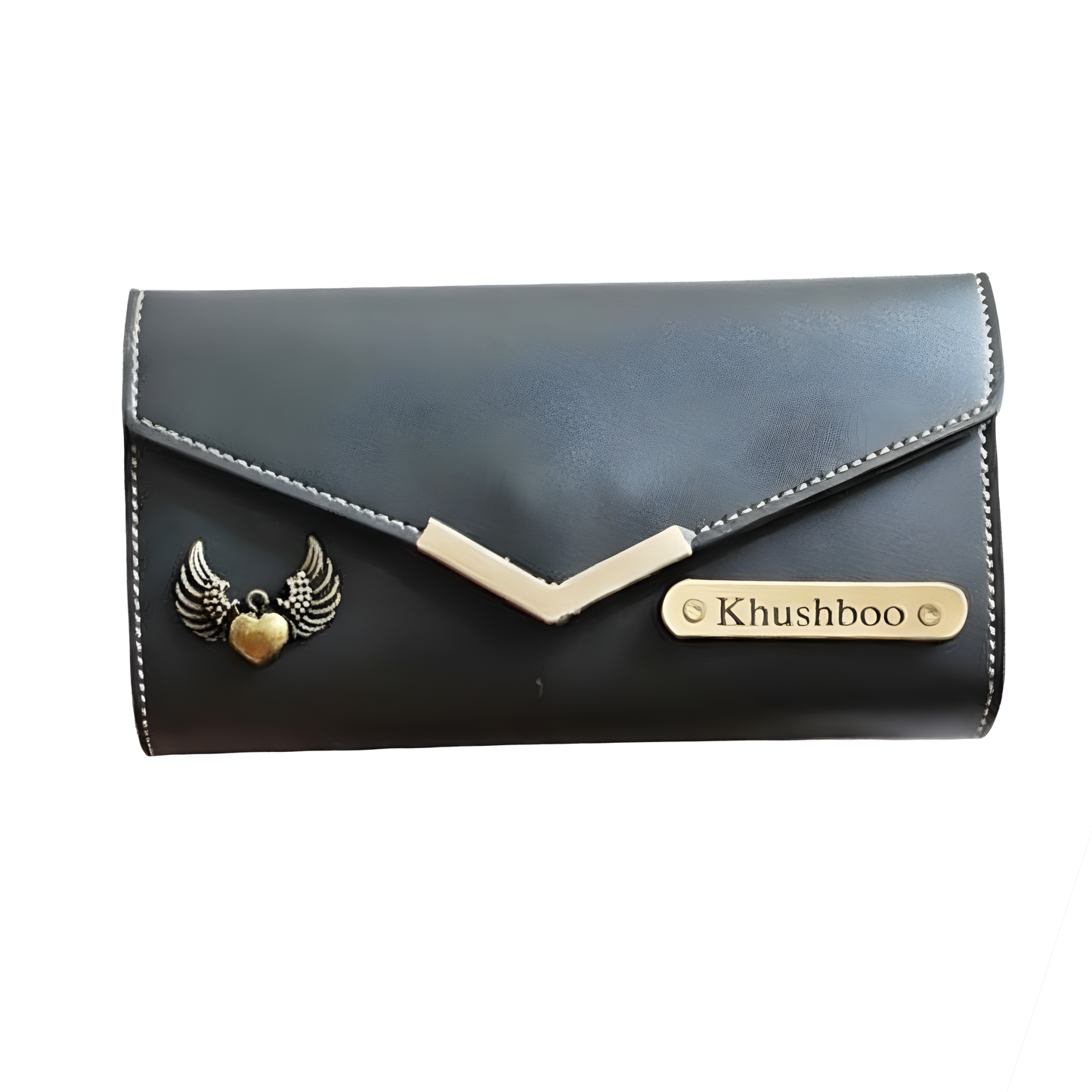 Personalized Leather Envelope Wallet for Women with Custom Name Plate & Metal Charm, Handcrafted Double-Stitched Clutch