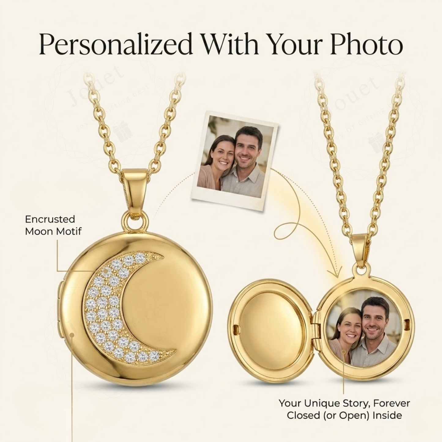 Personalized Photo Locket Necklace for Women with Crystal Moon Design, Stainless Steel Waterproof Custom Picture Pendant Gift for Her