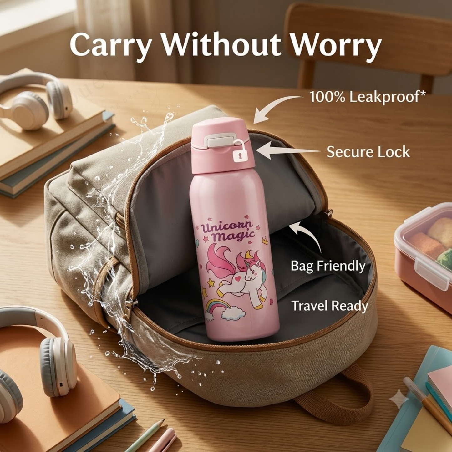 350ml Stainless Steel Kids Water Bottle with Flip Top Lid & Leakproof Design