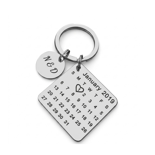 Personalised Calendar Keychain, Stainless Steel, Custom Engraving with Initials and Date