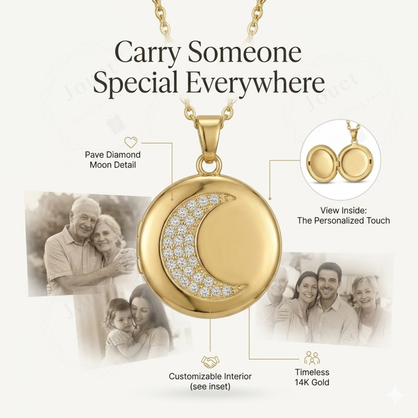 Personalized Photo Locket Necklace for Women with Crystal Moon Design, Stainless Steel Waterproof Custom Picture Pendant Gift for Her