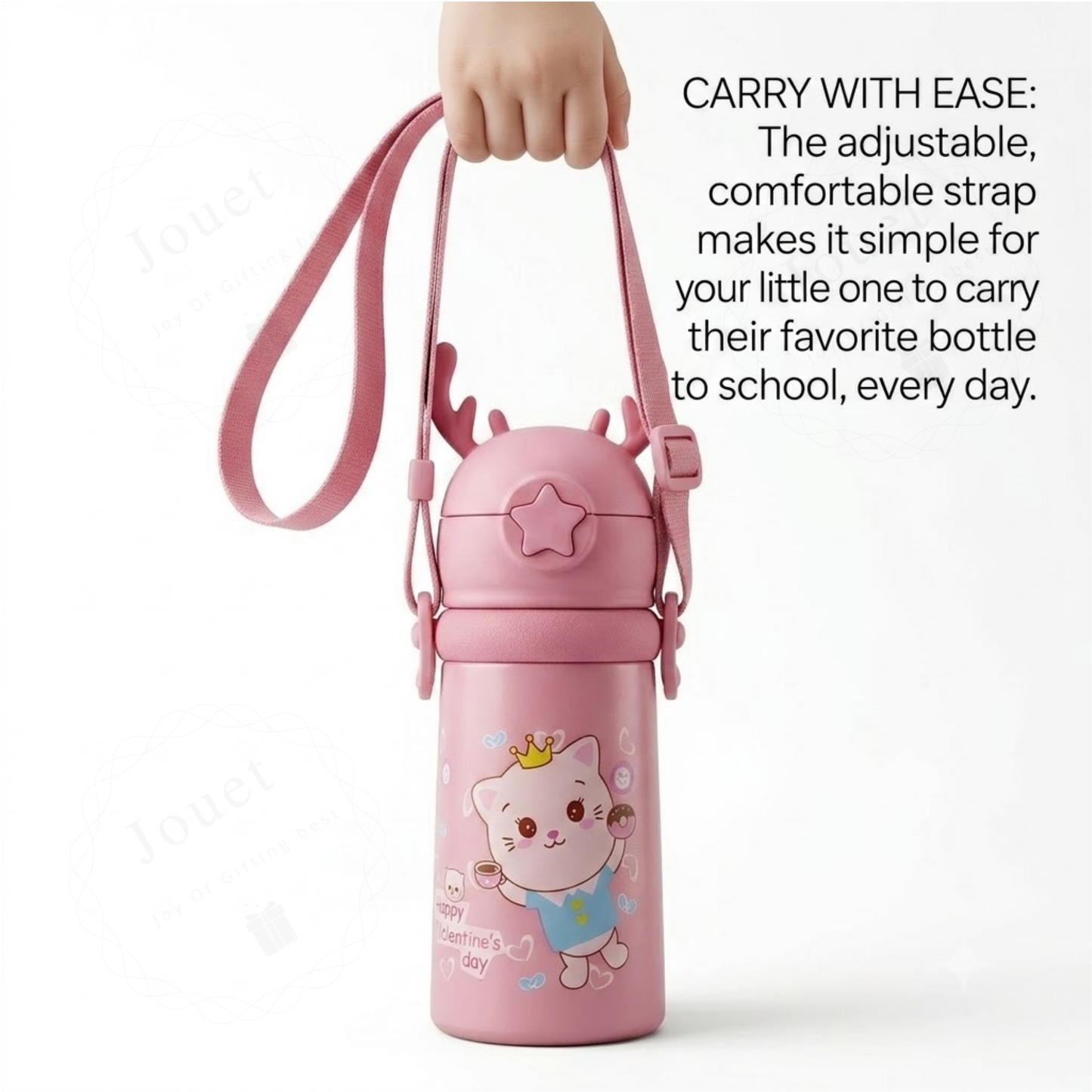 Kids Sipper Water Bottle 600ml – Leakproof Straw Bottle with Cartoon Print & Carry Strap