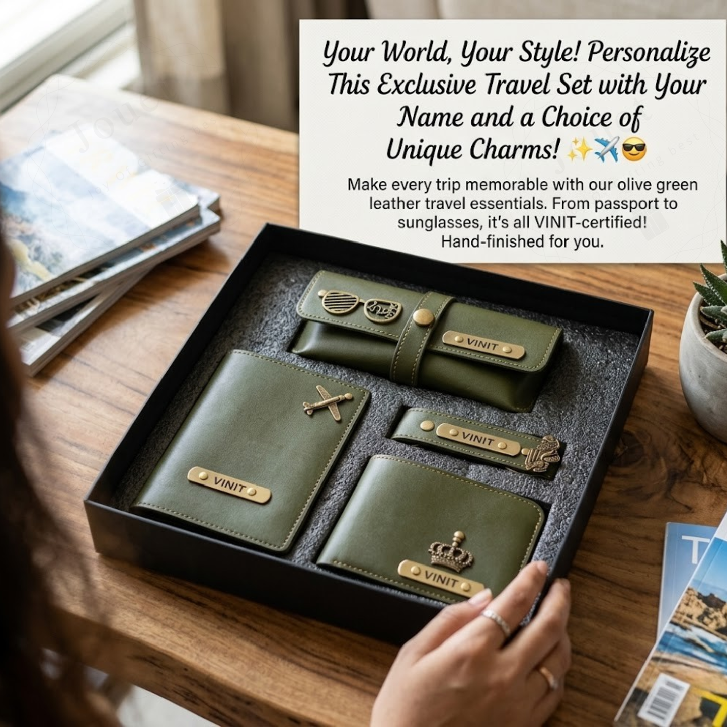 Personalized Leather Travel Gift Set for Men with Wallet, Passport Cover, Keychain & Glasses Case, Custom Name Engraving