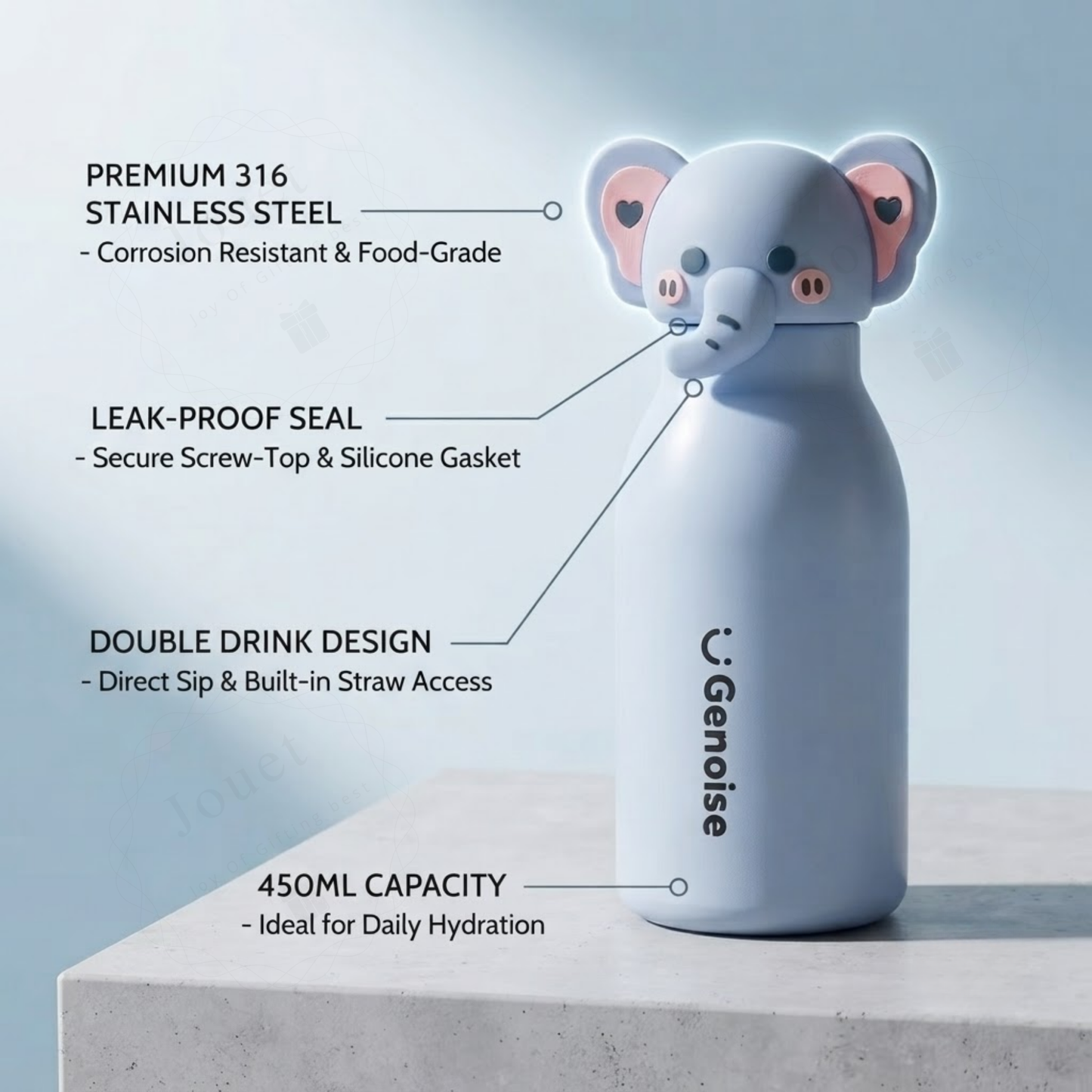 450ml Kids Stainless Steel Straw Bottle with Cute Animal Character Lid