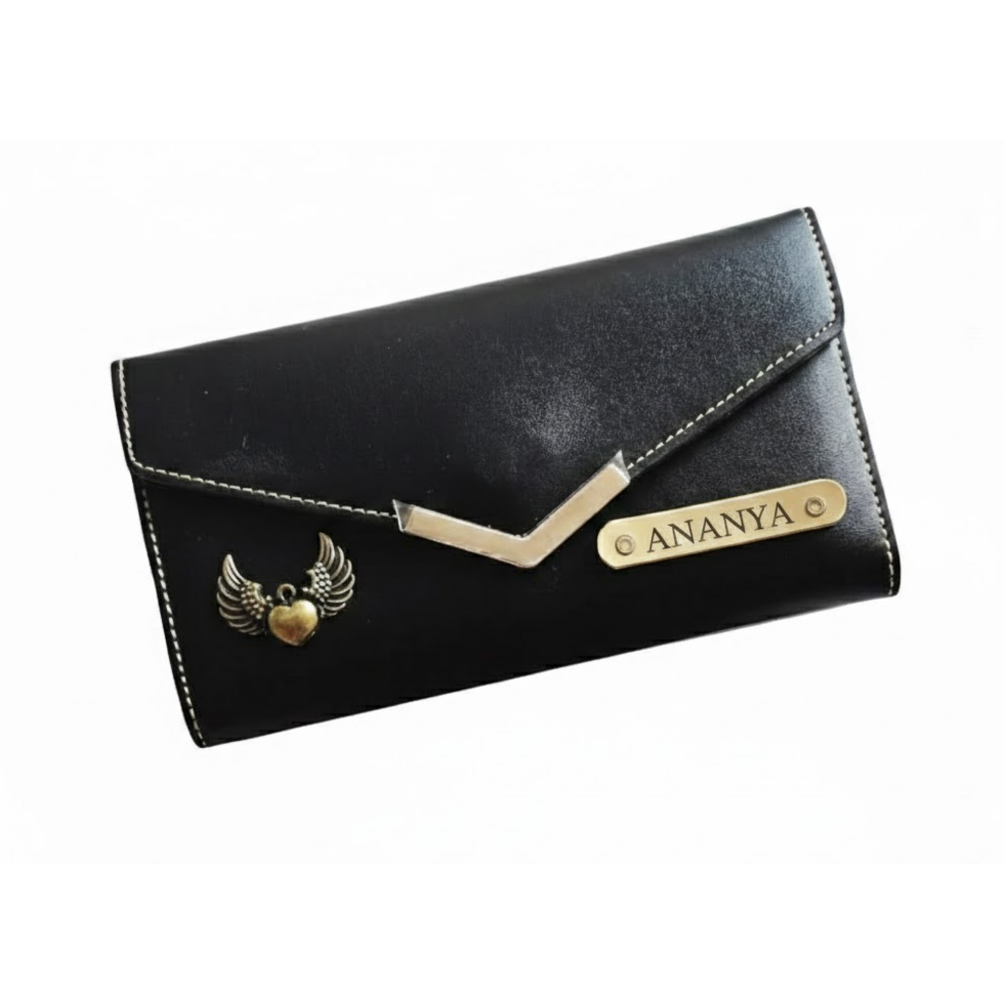Personalized Leather Envelope Wallet for Women with Custom Name Plate & Metal Charm, Handcrafted Double-Stitched Clutch