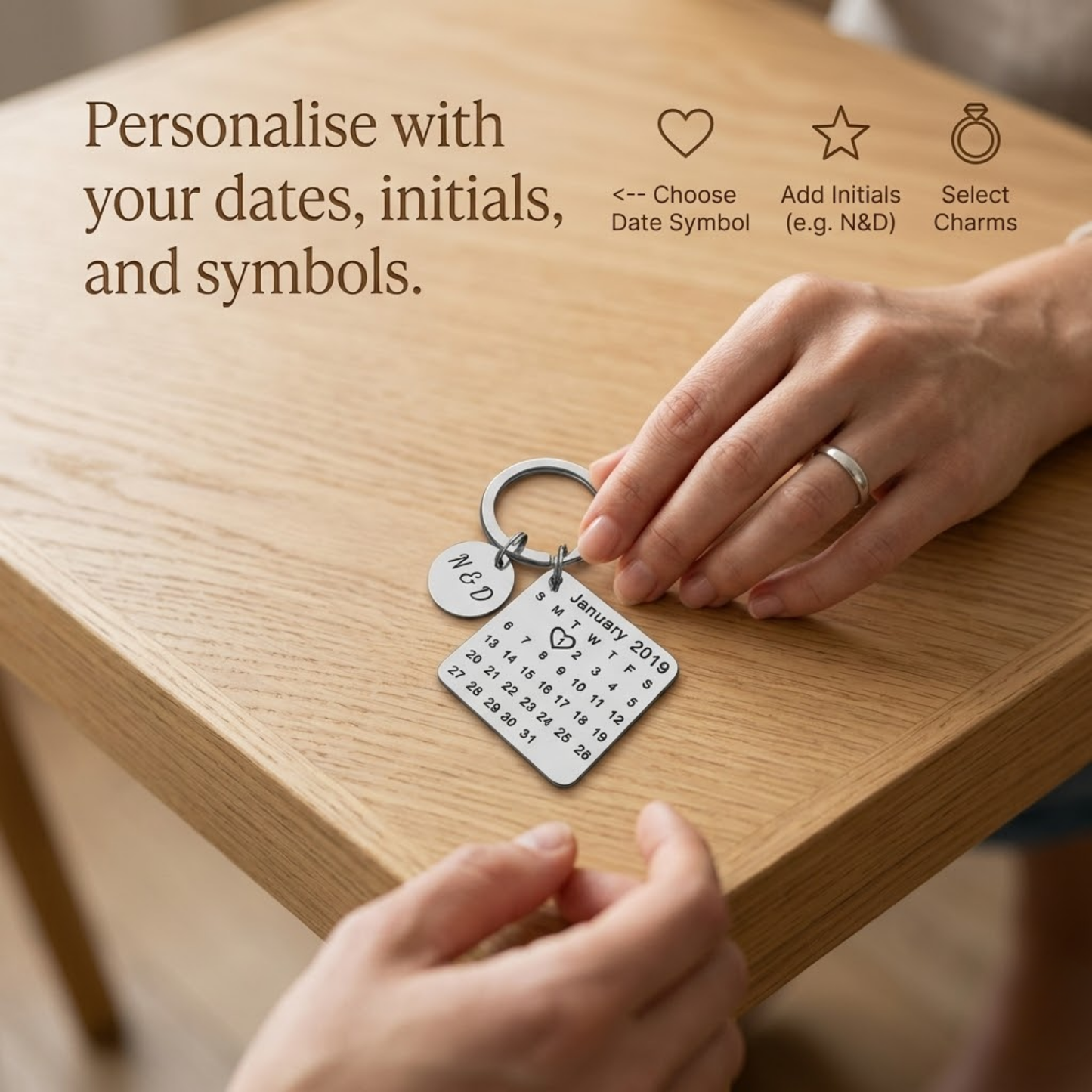 Personalised Calendar Keychain, Stainless Steel, Custom Engraving with Initials and Date