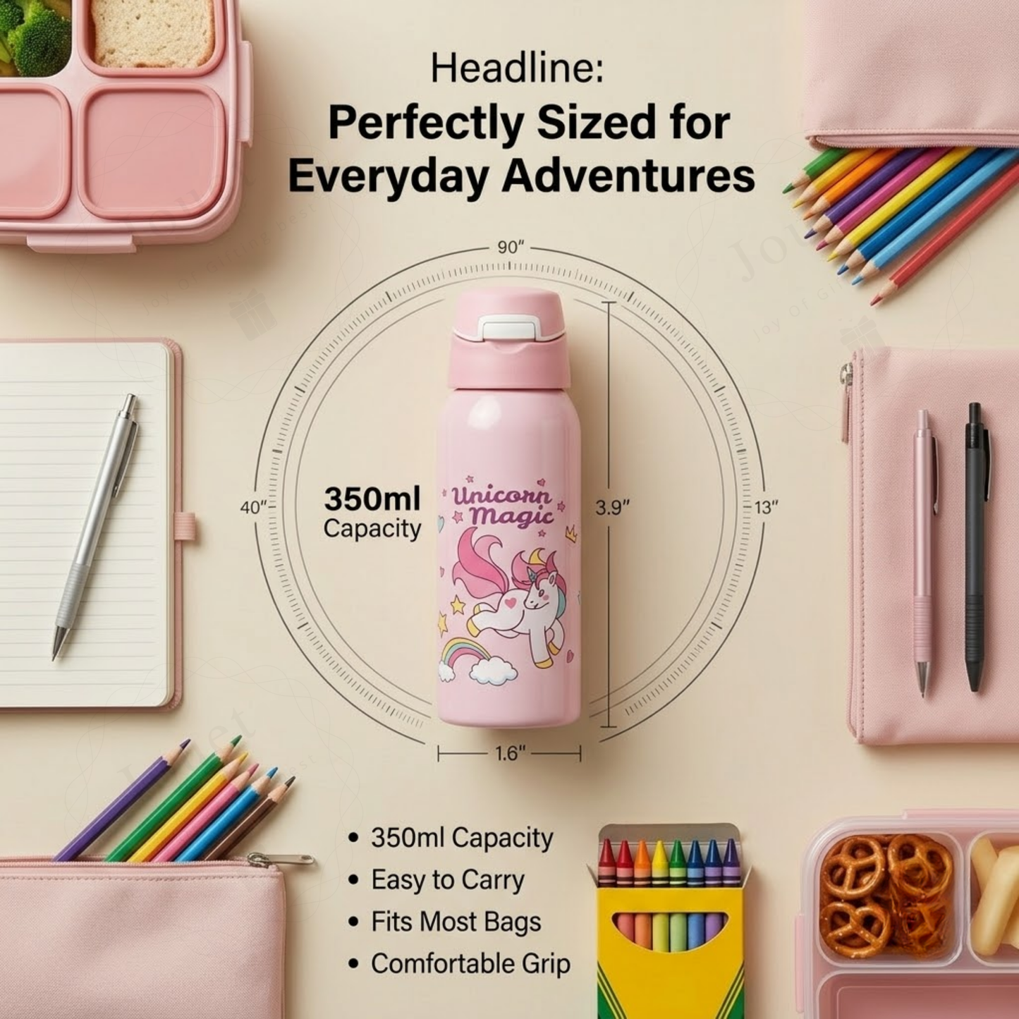 350ml Stainless Steel Kids Water Bottle with Flip Top Lid & Leakproof Design