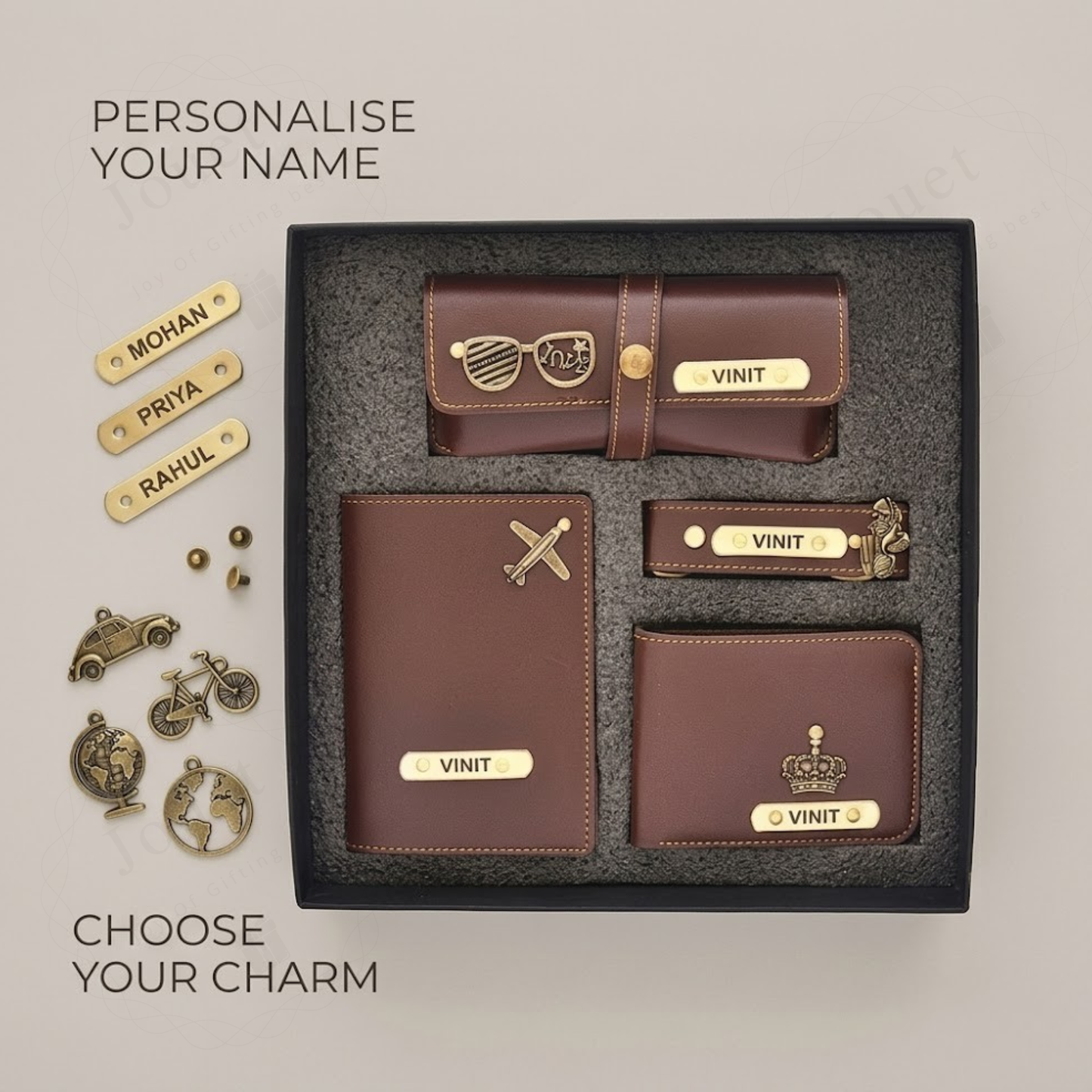 Personalized Leather Travel Gift Set for Men with Wallet, Passport Cover, Keychain & Glasses Case, Custom Name Engraving