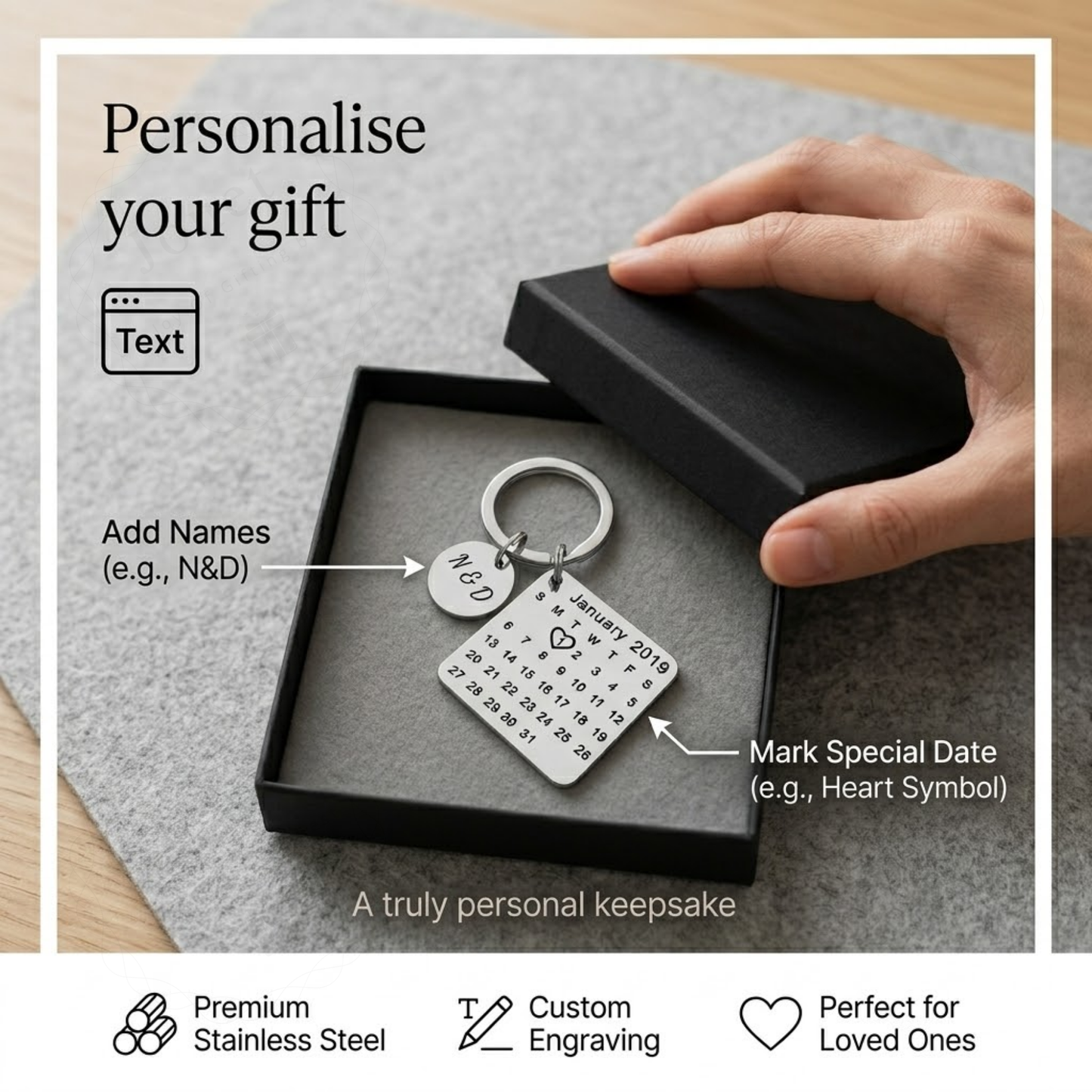 Personalised Calendar Keychain, Stainless Steel, Custom Engraving with Initials and Date