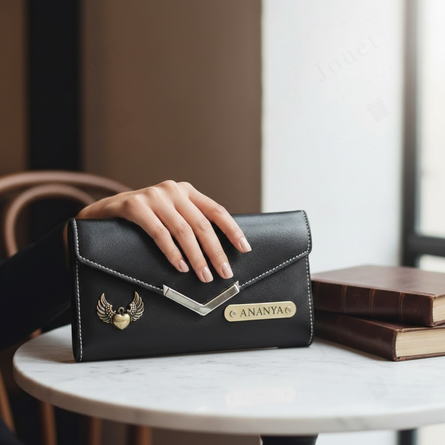 Personalized Leather Envelope Wallet for Women with Custom Name Plate & Metal Charm, Handcrafted Double-Stitched Clutch