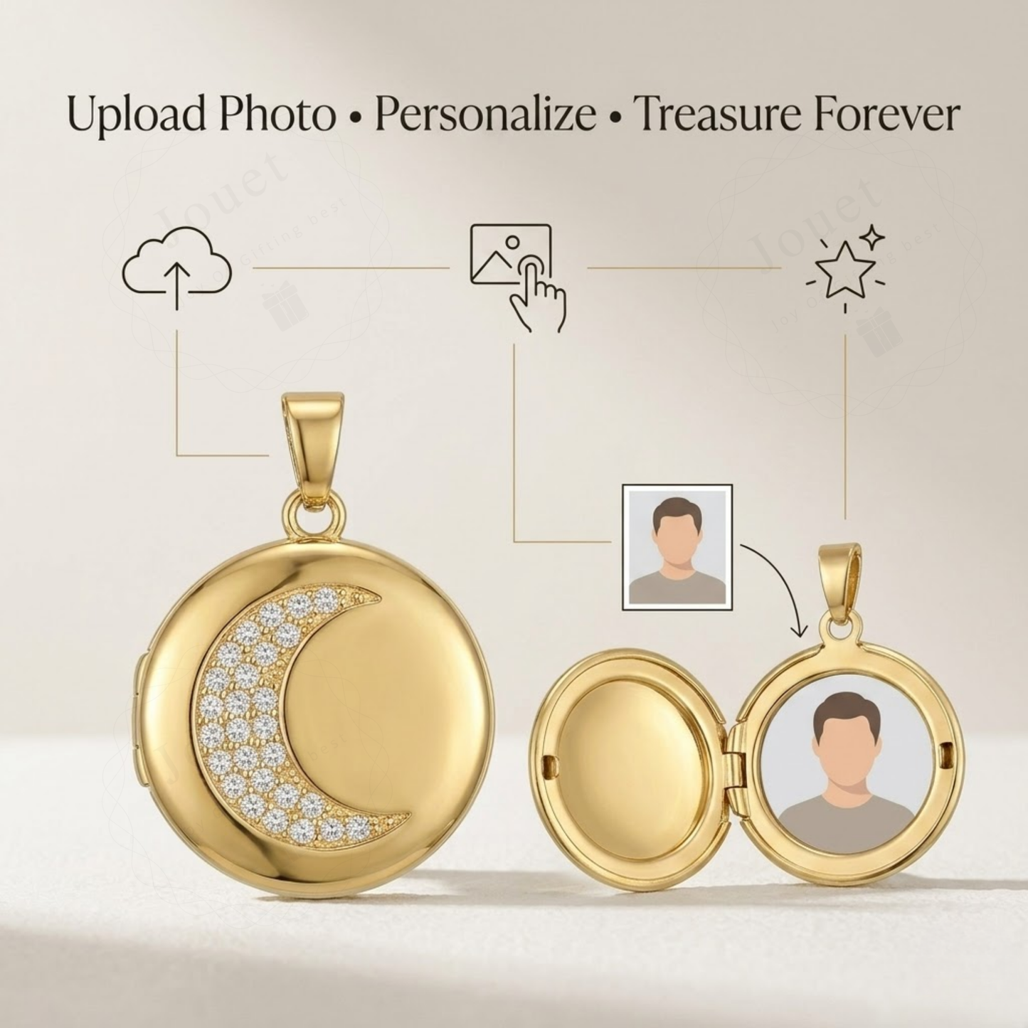 Personalized Photo Locket Necklace for Women with Crystal Moon Design, Stainless Steel Waterproof Custom Picture Pendant Gift for Her