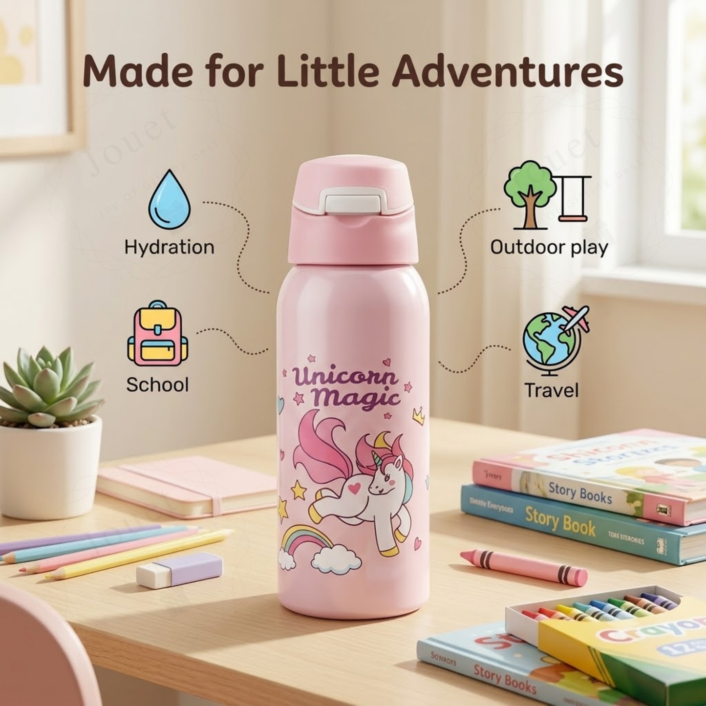 350ml Stainless Steel Kids Water Bottle with Flip Top Lid & Leakproof Design