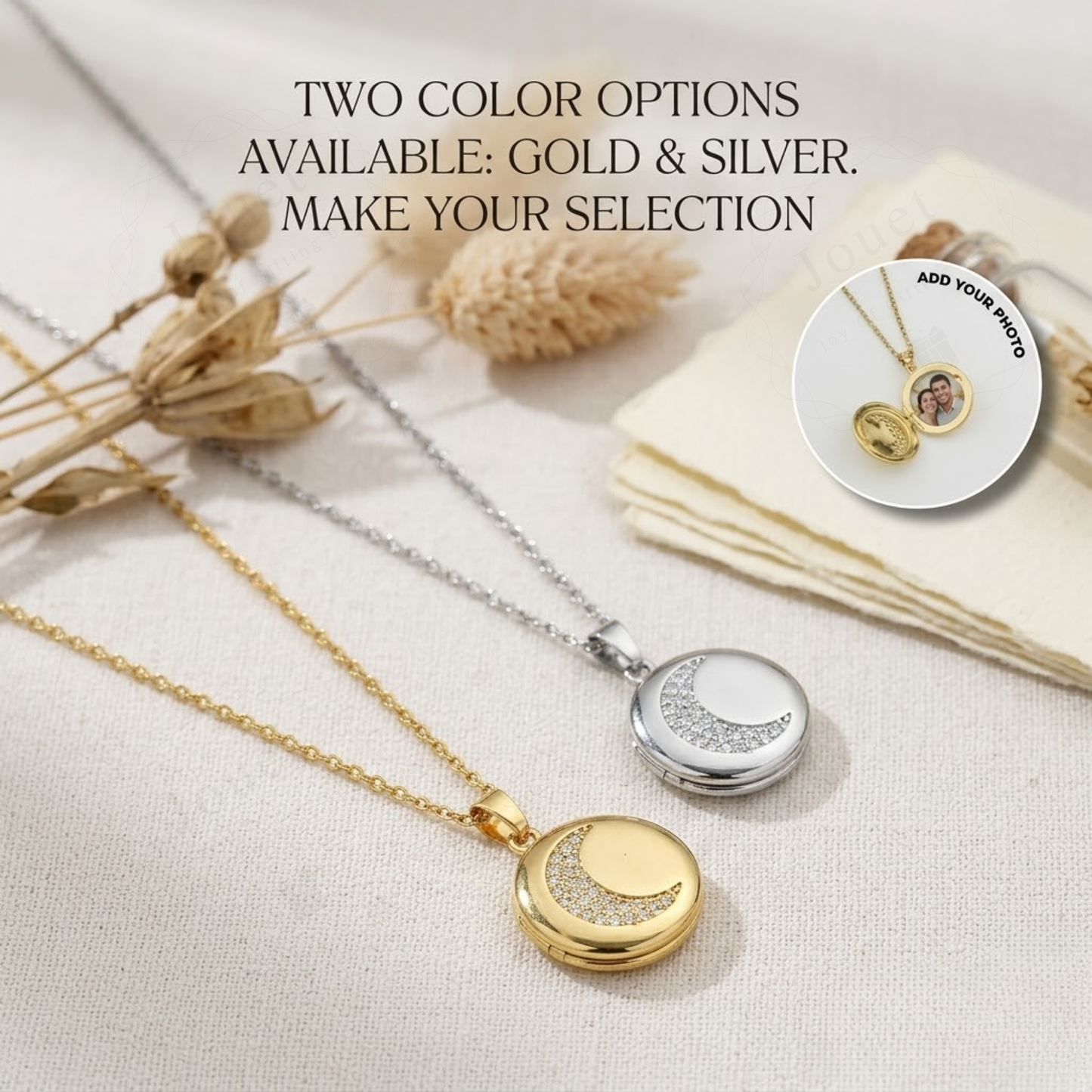 Personalized Photo Locket Necklace for Women with Crystal Moon Design, Stainless Steel Waterproof Custom Picture Pendant Gift for Her