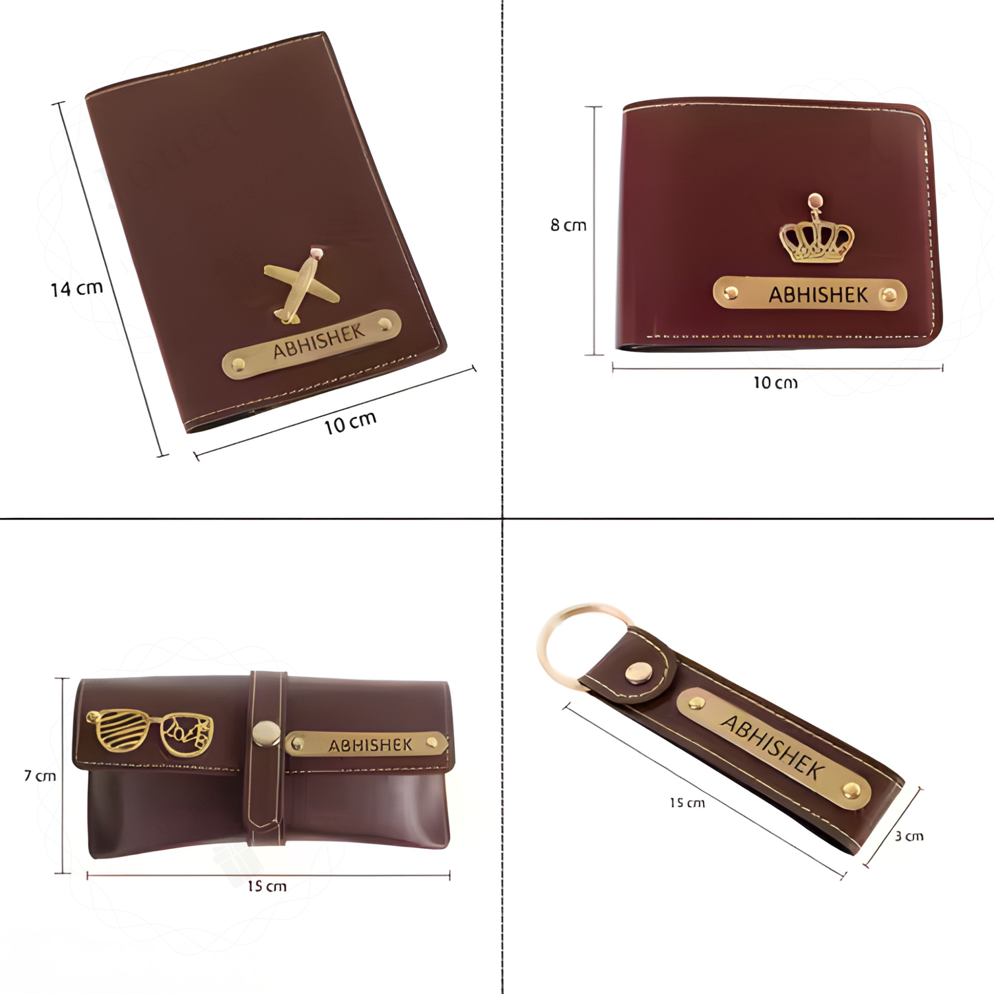 Personalized Leather Travel Gift Set for Men with Wallet, Passport Cover, Keychain & Glasses Case, Custom Name Engraving