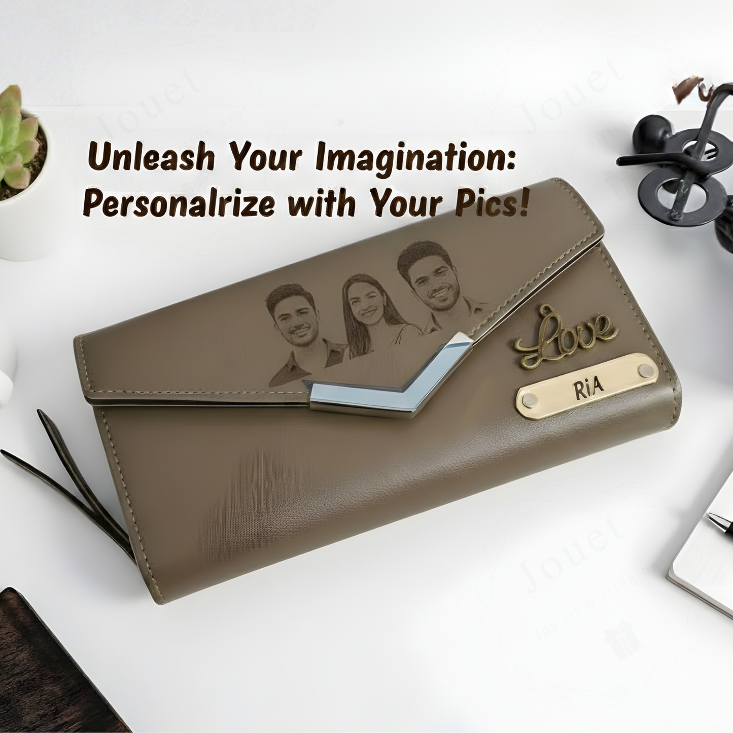 Personalized Leather Envelope Wallet for Women with Custom Name Plate & Metal Charm, Handcrafted Double-Stitched Clutch