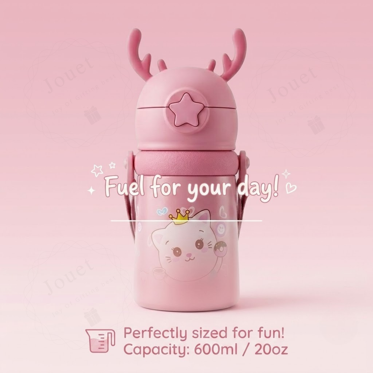Kids Sipper Water Bottle 600ml – Leakproof Straw Bottle with Cartoon Print & Carry Strap
