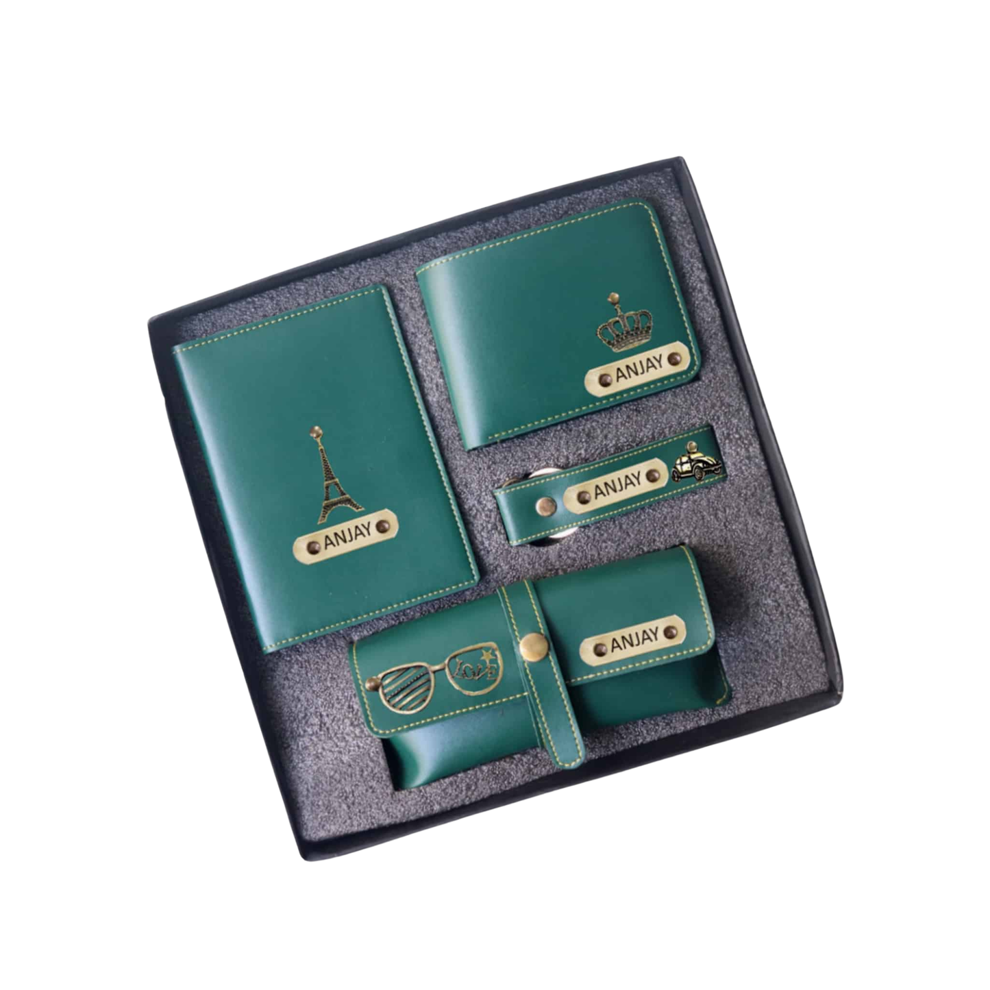 Personalized Leather Travel Gift Set for Men with Wallet, Passport Cover, Keychain & Glasses Case, Custom Name Engraving