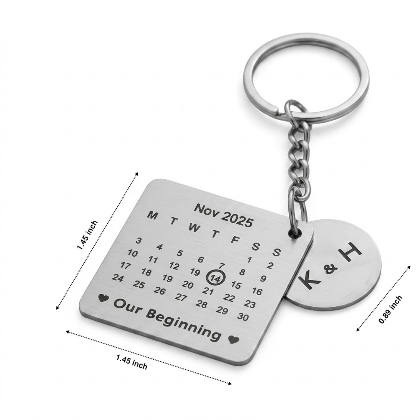 Personalised Calendar Keychain, Stainless Steel, Custom Engraving with Initials and Date