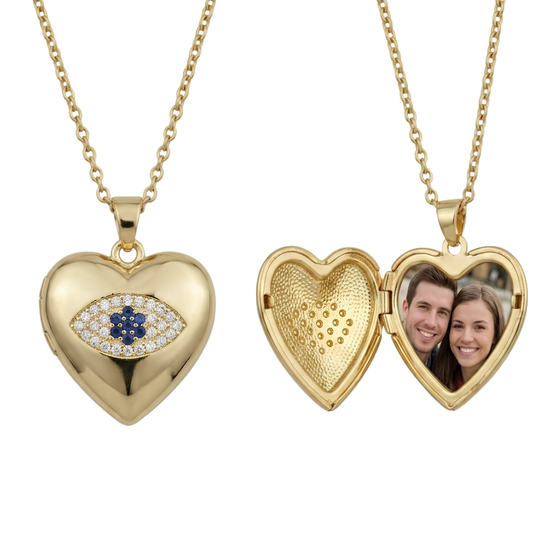 Personalized Heart Photo Locket Necklace for Women with Crystal Evil Eye Design, Stainless Steel Anti-Tarnish Custom Picture Pendant Gift for Her