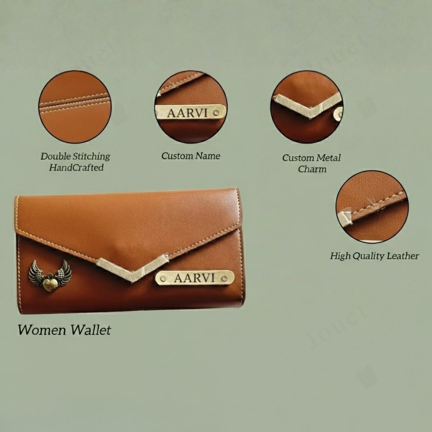 Personalized Leather Envelope Wallet for Women with Custom Name Plate & Metal Charm, Handcrafted Double-Stitched Clutch