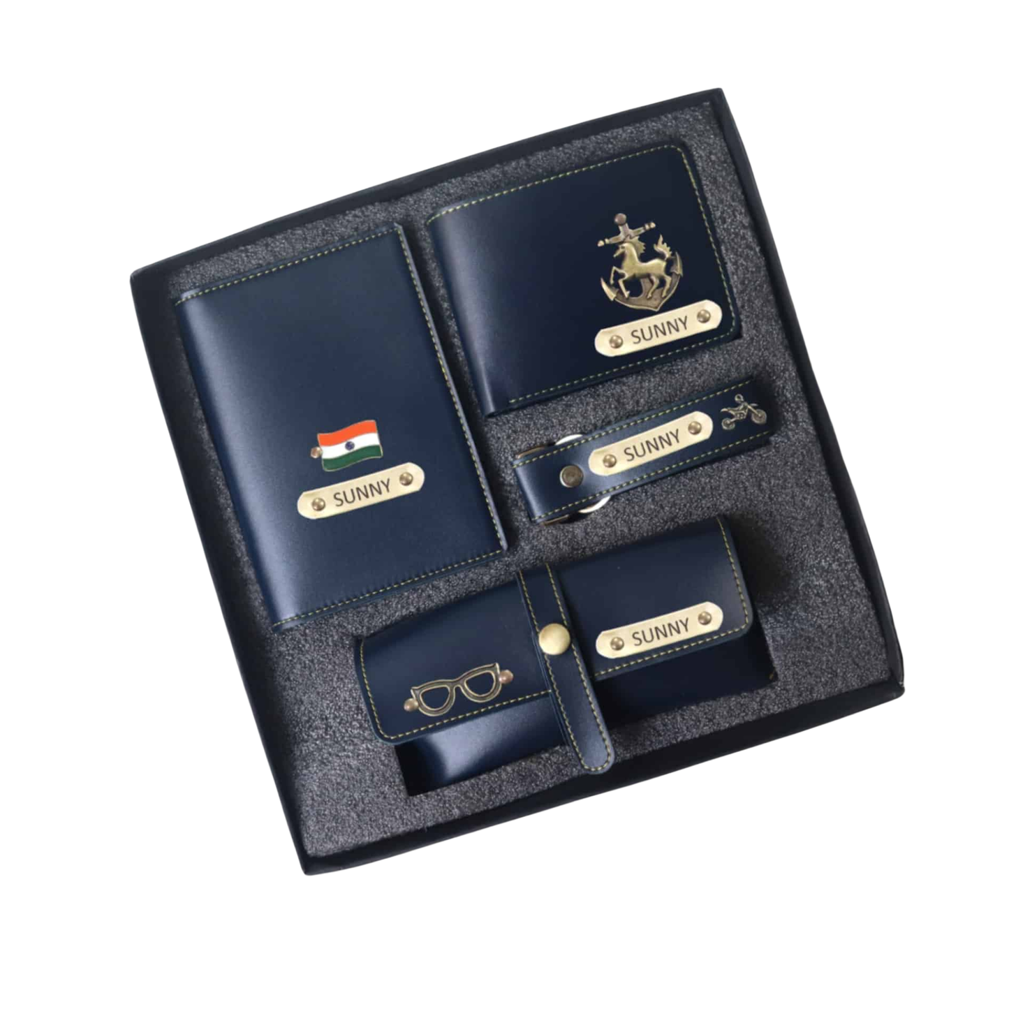 Personalized Leather Travel Gift Set for Men with Wallet, Passport Cover, Keychain & Glasses Case, Custom Name Engraving