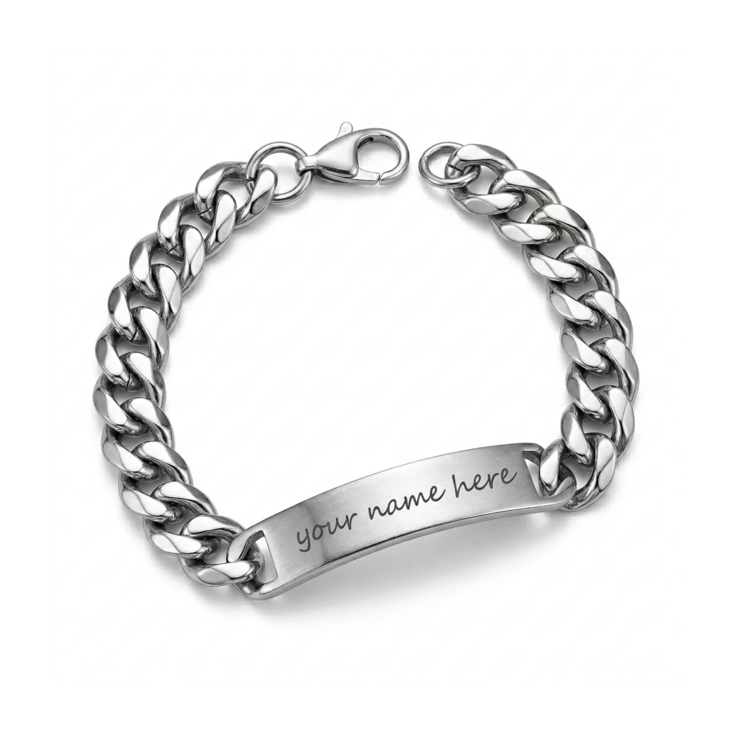 Personalized Stainless Steel ID Bar Bracelet with Engraved Name, Silver & Gold Cuban Chain
